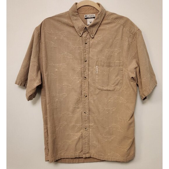 Columbia Button Up Shirt Embroidered Fish Print Short Sleeve Outdoor Mens XL - Picture 2 of 14